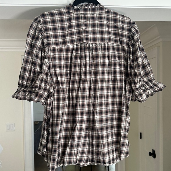 GAP Brown, Black, & Ivory/Cream Plaid Crinkle Gauze Puff Sleeve Shirt - Size XL - Picture 7 of 13